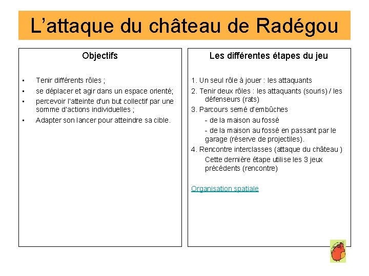 L’attaque du château de Radégou Objectifs • • Tenir différents rôles ; se déplacer