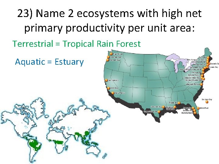 23) Name 2 ecosystems with high net primary productivity per unit area: Terrestrial =