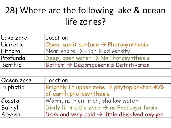 28) Where are the following lake & ocean life zones? Lake zone Limnetic Littoral