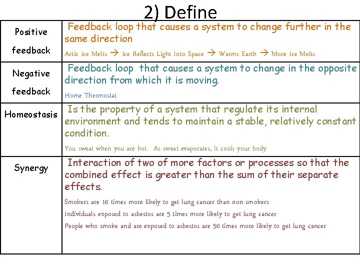 2) Define Positive feedback Negative feedback Homeostasis Synergy Feedback loop that causes a system