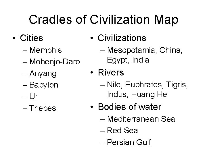 Cradles of Civilization Map • Cities – Memphis – Mohenjo-Daro – Anyang – Babylon