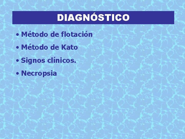 DIAGNÓSTICO • Método de flotación • Método de Kato • Signos clínicos. • Necropsia