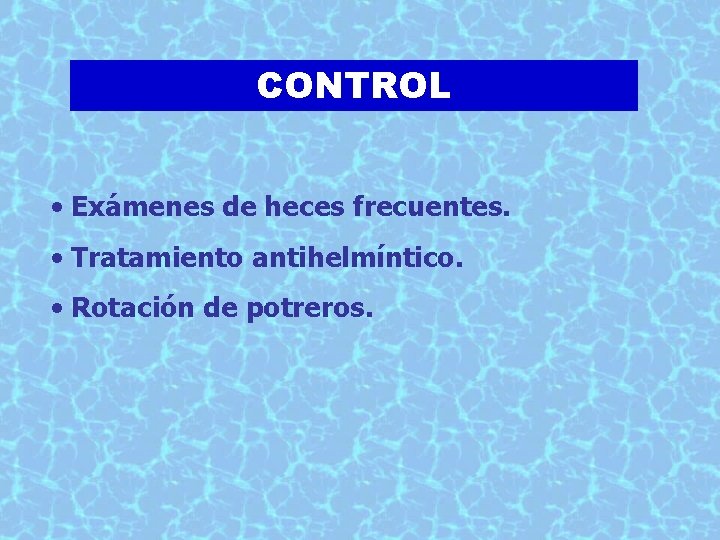 CONTROL • Exámenes de heces frecuentes. • Tratamiento antihelmíntico. • Rotación de potreros. 