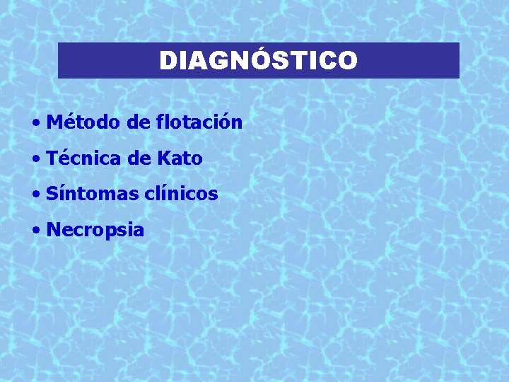 DIAGNÓSTICO • Método de flotación • Técnica de Kato • Síntomas clínicos • Necropsia