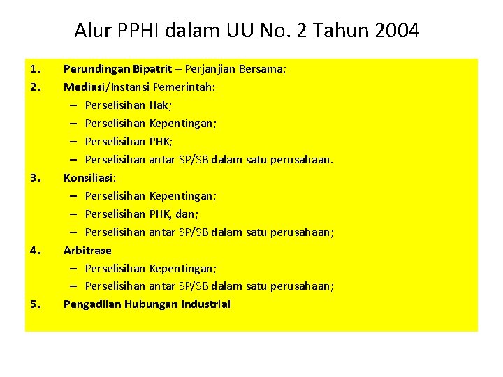 Alur PPHI dalam UU No. 2 Tahun 2004 1. 2. 3. 4. 5. Perundingan