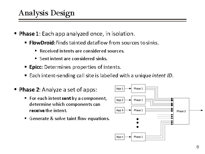 Analysis Design § Phase 1: Each app analyzed once, in isolation. § Flow. Droid: