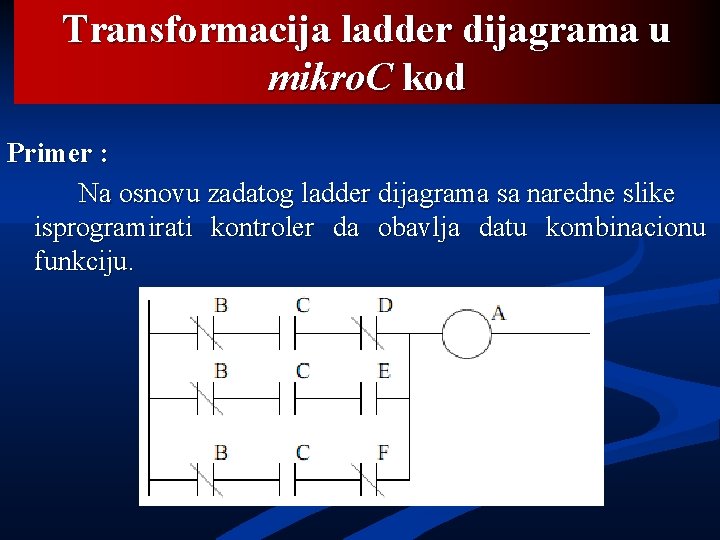 Transformacija ladder dijagrama u mikro. C kod Primer : Na osnovu zadatog ladder dijagrama