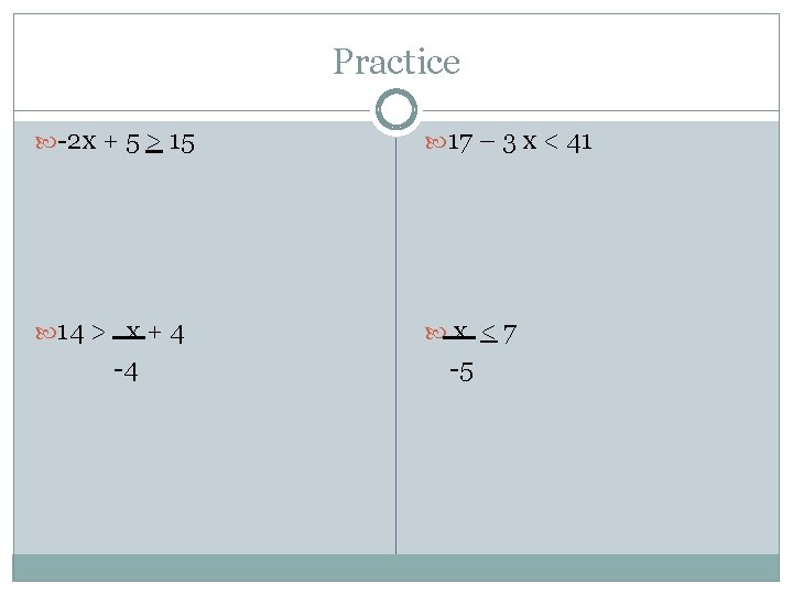 Practice -2 x + 5 > 15 17 – 3 x < 41 14