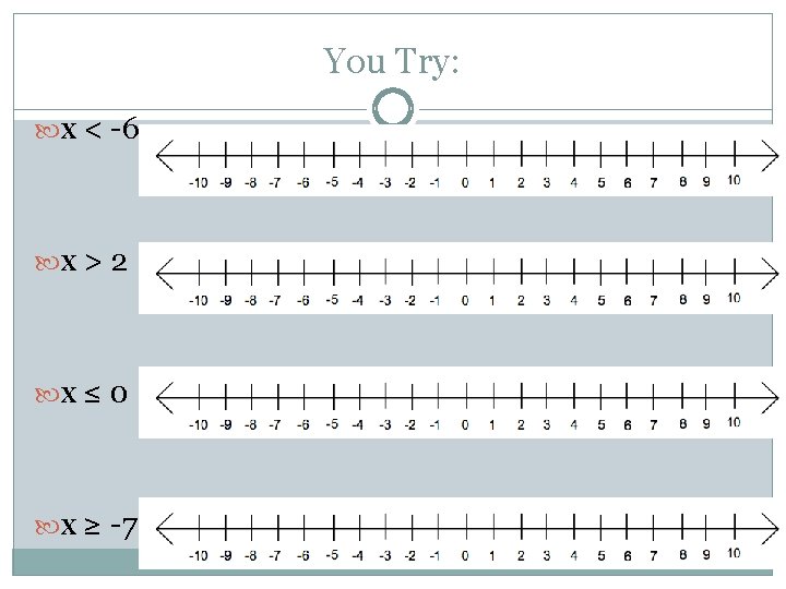 You Try: x < -6 x > 2 x ≤ 0 x ≥ -7