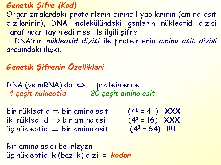 Genetik Şifre (Kod) Organizmalardaki proteinlerin birincil yapılarının (amino asit dizilerinin), DNA molekülündeki genlerin nükleotid
