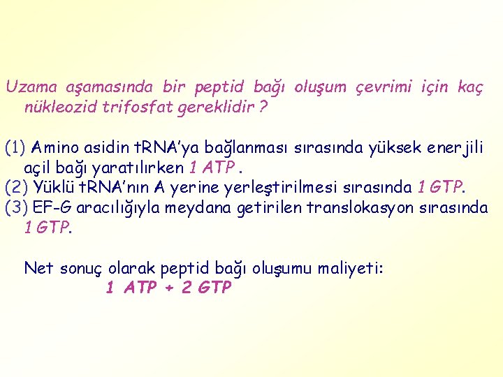 Uzama aşamasında bir peptid bağı oluşum çevrimi için kaç nükleozid trifosfat gereklidir ? (1)