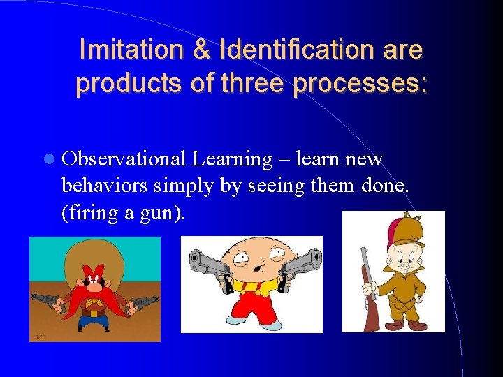 Imitation & Identification are products of three processes: Observational Learning – learn new behaviors
