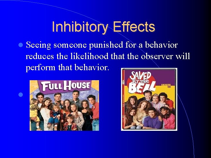 Inhibitory Effects Seeing someone punished for a behavior reduces the likelihood that the observer