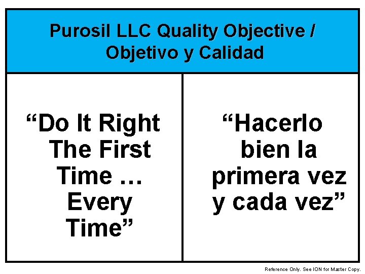 Purosil LLC Quality Objective / Objetivo y Calidad “Do It Right The First Time