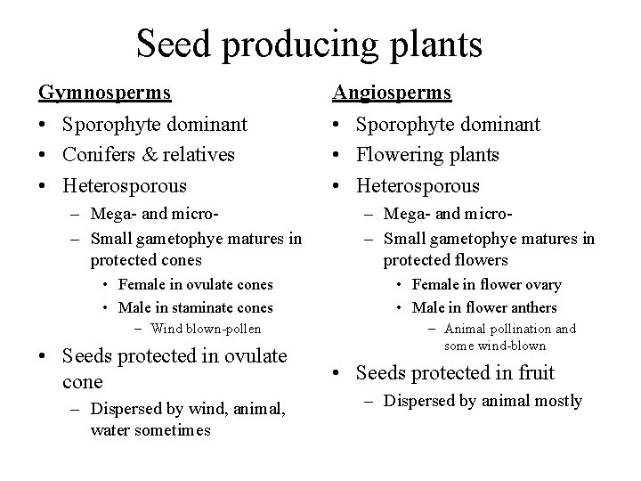 Seed producing plants Gymnosperms Angiosperms • Sporophyte dominant • Conifers & relatives • Heterosporous Seed producing plants Gymnosperms Angiosperms • Sporophyte dominant • Conifers & relatives • Heterosporous