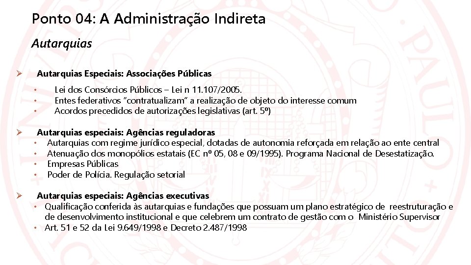 Ponto 04: A Administração Indireta Autarquias Especiais: Associações Públicas • • • Lei dos