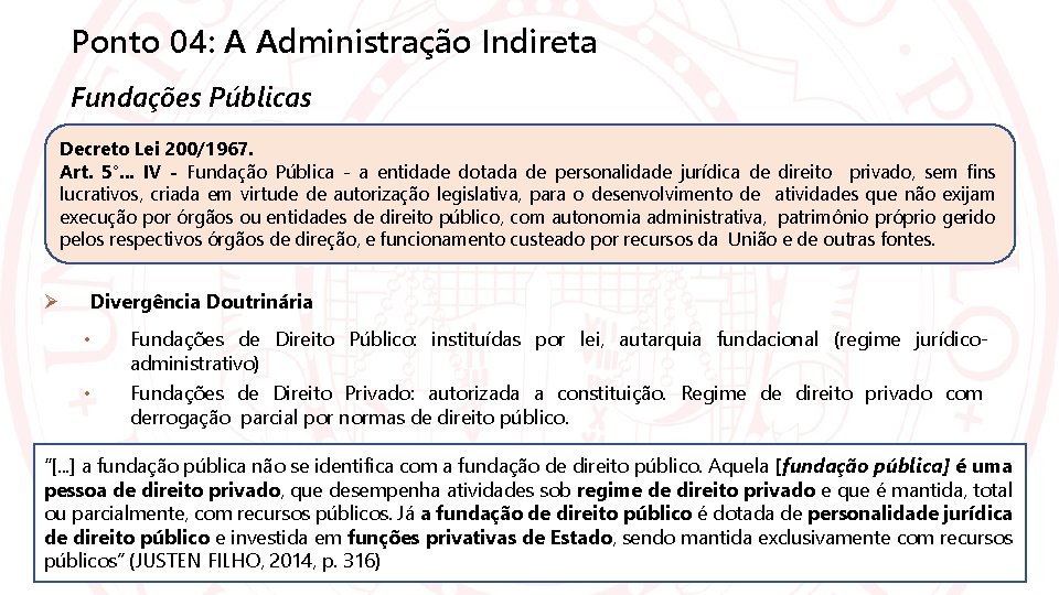 Ponto 04: A Administração Indireta Fundações Públicas Decreto Lei 200/1967. Art. 5°. . .