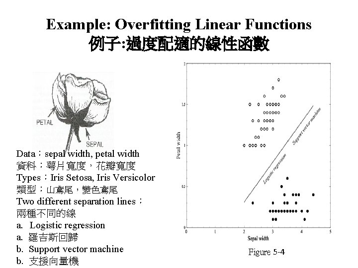 Example: Overfitting Linear Functions 例子: 過度配適的線性函數 Data：sepal width, petal width 資料：萼片寬度，花瓣寬度 Types：Iris Setosa, Iris