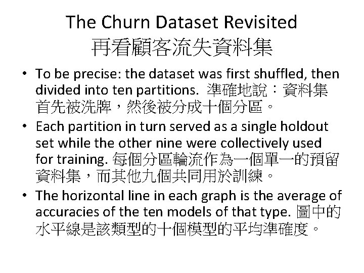 The Churn Dataset Revisited 再看顧客流失資料集 • To be precise: the dataset was first shuffled,