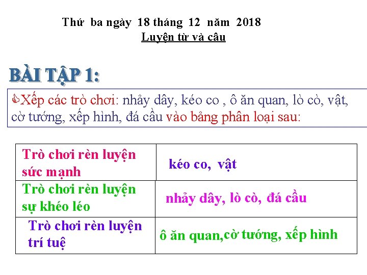 Thứ ba ngày 18 tháng 12 năm 2018 Luyện từ và câu Xếp các