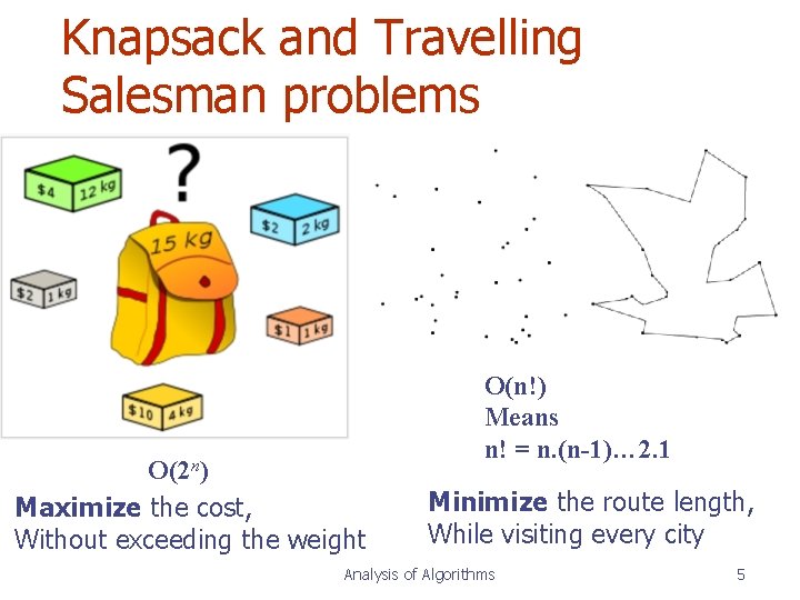Knapsack and Travelling Salesman problems O(2 n) Maximize the cost, Without exceeding the weight Knapsack and Travelling Salesman problems O(2 n) Maximize the cost, Without exceeding the weight