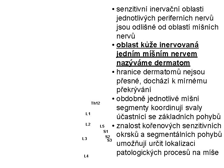  • senzitivní inervační oblasti jednotlivých periferních nervů jsou odlišné od oblastí míšních nervů