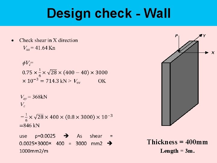 Design check - Wall Thickness = 400 mm Length = 3 m. 