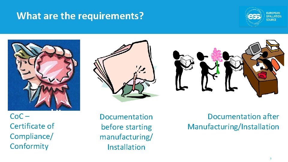 What are the requirements? Co. C – Certificate of Compliance/ Conformity Documentation before starting