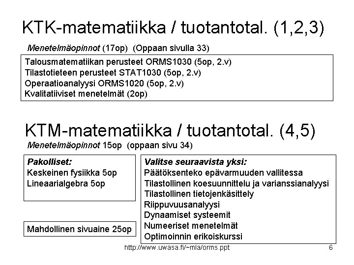 KTK-matematiikka / tuotantotal. (1, 2, 3) Menetelmäopinnot (17 op) (Oppaan sivulla 33) Talousmatematiikan perusteet