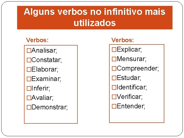 Alguns verbos no infinitivo mais utilizados Verbos: �Analisar; �Explicar; �Constatar; �Mensurar; �Elaborar; �Compreender; �Examinar;