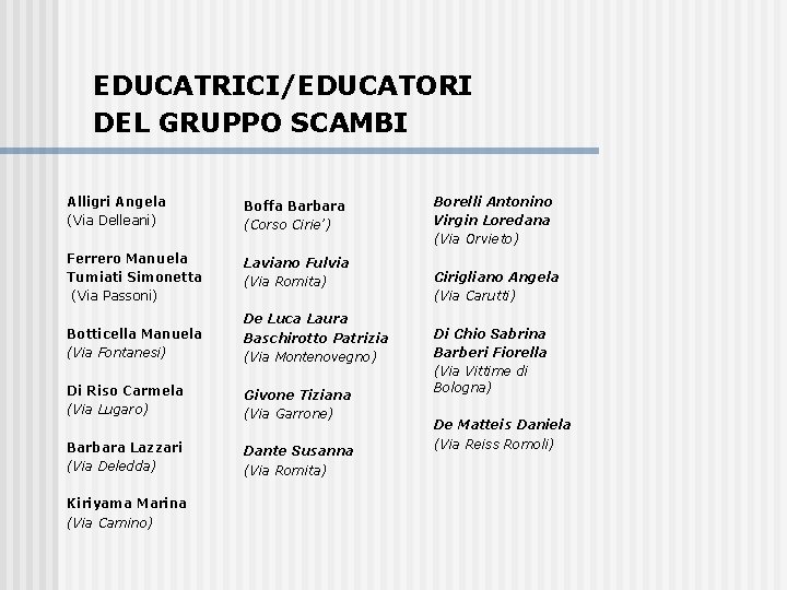 EDUCATRICI/EDUCATORI DEL GRUPPO SCAMBI Alligri Angela (Via Delleani) Ferrero Manuela Tumiati Simonetta (Via Passoni)