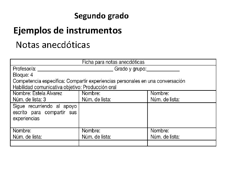 Segundo grado Ejemplos de instrumentos Notas anecdóticas 