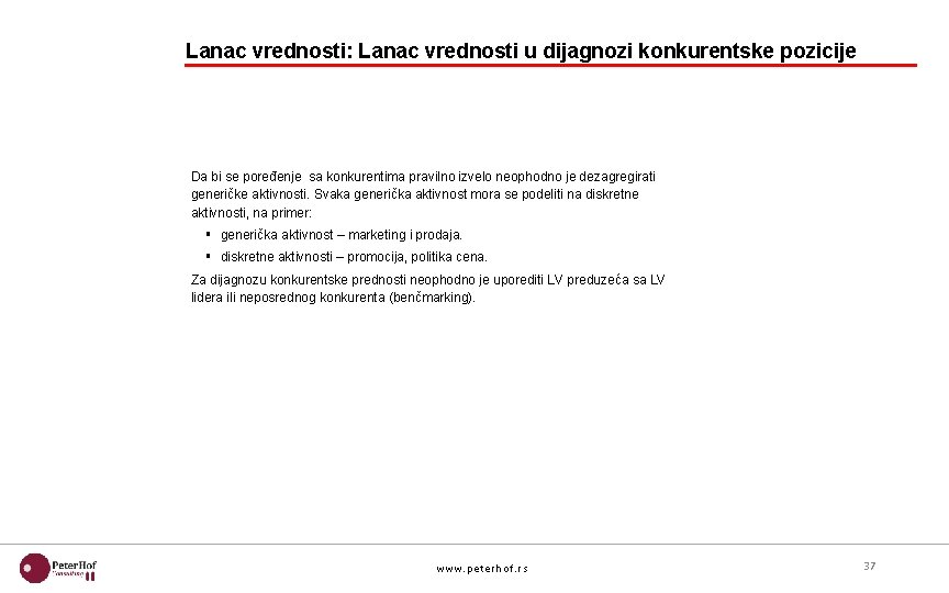 Lanac vrednosti: Lanac vrednosti u dijagnozi konkurentske pozicije Da bi se poređenje sa konkurentima