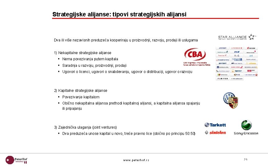 Strategijske alijanse: tipovi strategijskih alijansi Dva ili više nezavisnih preduzeća kooperiraju u proizvodnji, razvoju,