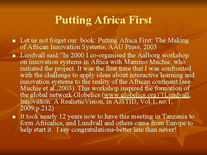Putting Africa First n n n Let us not forget our book: Putting Africa