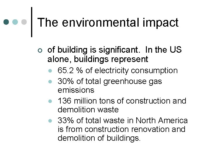 The environmental impact ¢ of building is significant. In the US alone, buildings represent