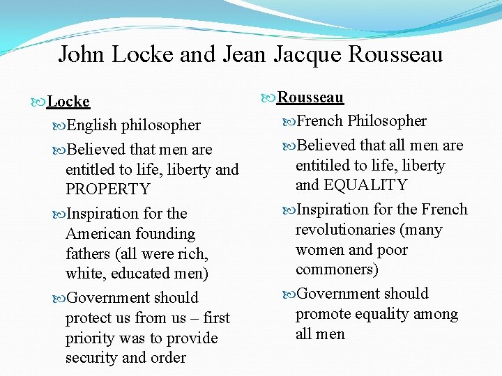 John Locke and Jean Jacque Rousseau Locke English philosopher Believed that men are entitled