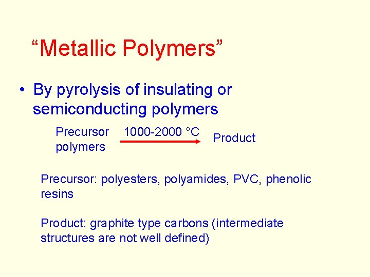 “Metallic Polymers” • By pyrolysis of insulating or semiconducting polymers Precursor polymers 1000 -2000