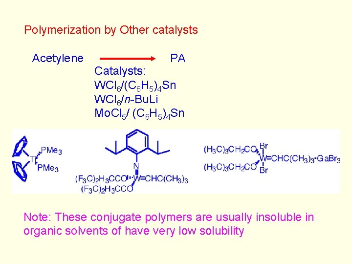 Polymerization by Other catalysts Acetylene PA Catalysts: WCl 6/(C 6 H 5)4 Sn WCl