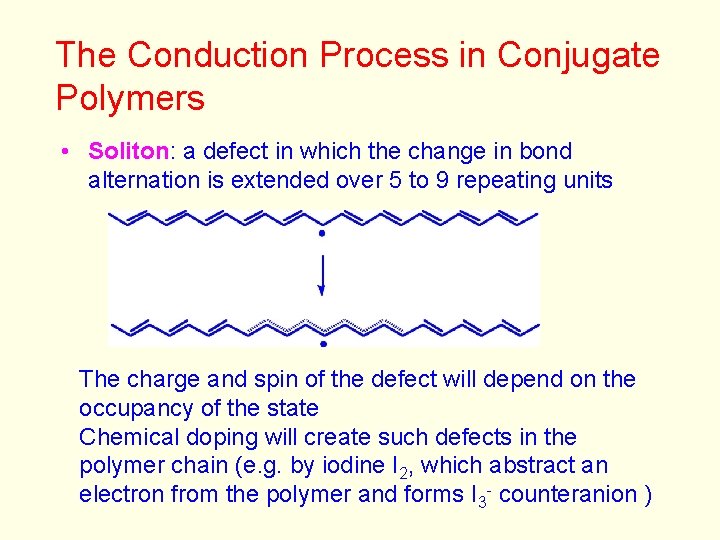 The Conduction Process in Conjugate Polymers • Soliton: a defect in which the change