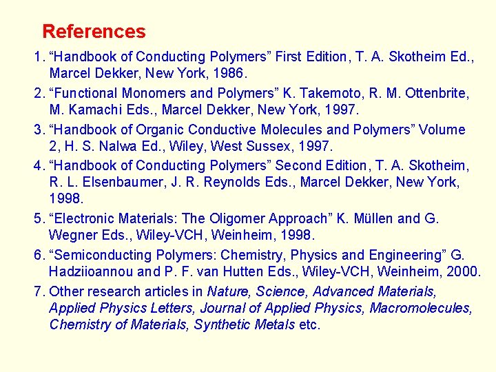 References 1. “Handbook of Conducting Polymers” First Edition, T. A. Skotheim Ed. , Marcel
