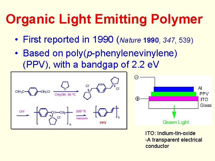 Organic Light Emitting Polymer • First reported in 1990 (Nature 1990, 347, 539) •