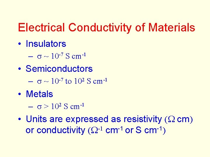 Electrical Conductivity of Materials • Insulators – s ~ 10 -7 S cm-1 •