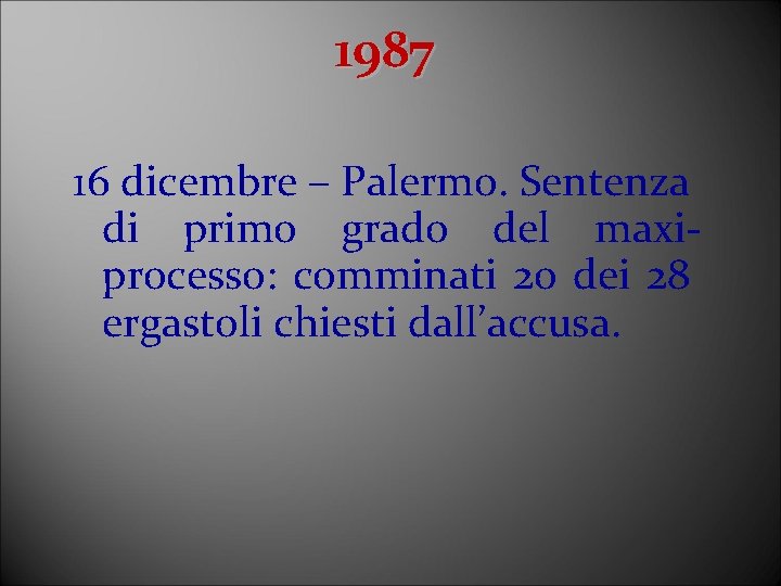 1987 16 dicembre – Palermo. Sentenza di primo grado del maxiprocesso: comminati 20 dei