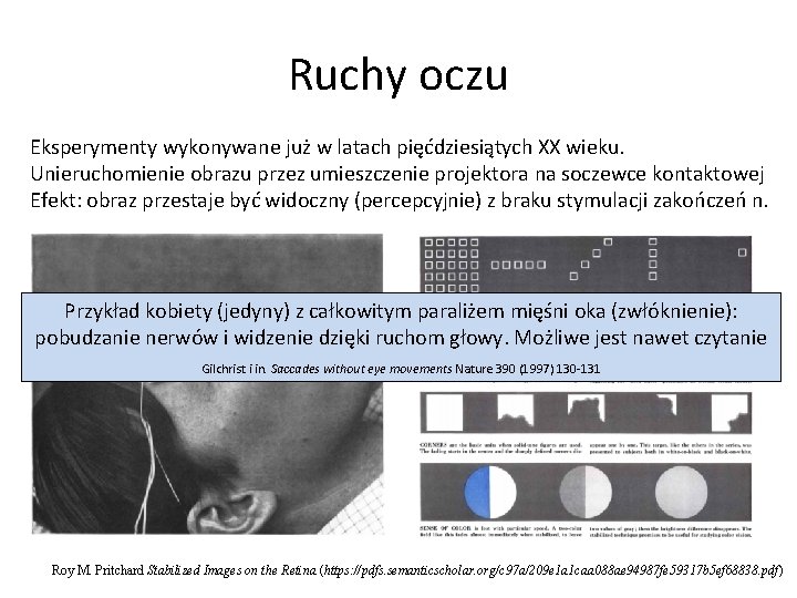 Ruchy oczu Eksperymenty wykonywane już w latach pięćdziesiątych XX wieku. Unieruchomienie obrazu przez umieszczenie