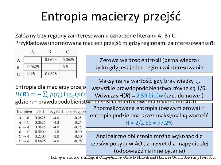 Entropia macierzy przejść Zerowa wartość entropii (pełna wiedza) tylko gdy jest jeden region zainteresowania