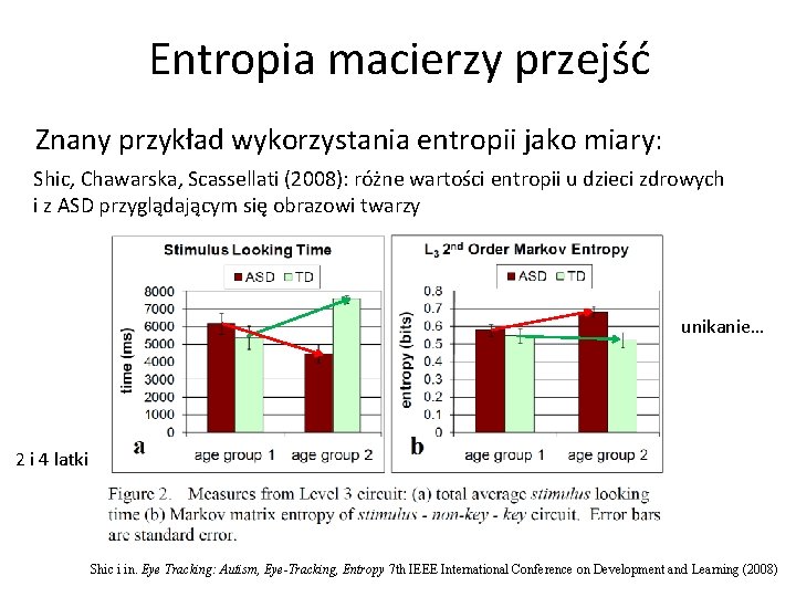 Entropia macierzy przejść Znany przykład wykorzystania entropii jako miary: Shic, Chawarska, Scassellati (2008): różne