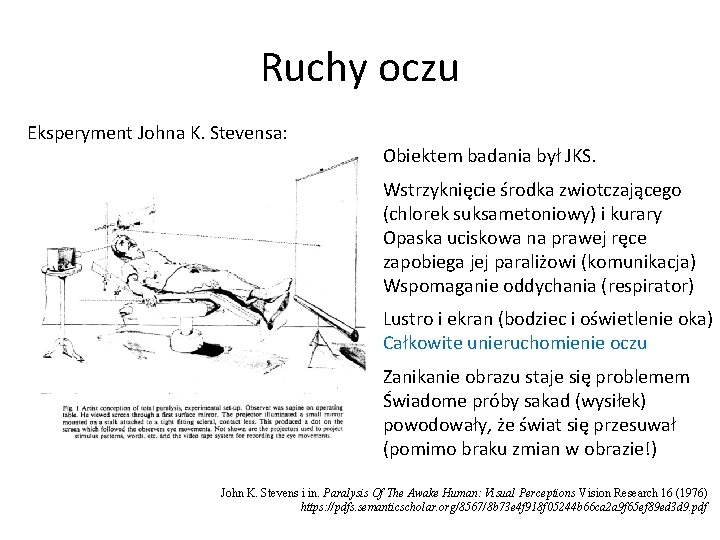 Ruchy oczu Eksperyment Johna K. Stevensa: Obiektem badania był JKS. Wstrzyknięcie środka zwiotczającego (chlorek