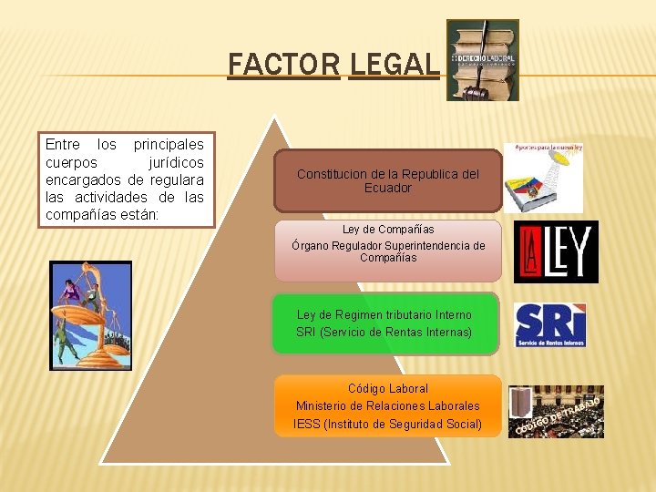 FACTOR LEGAL Entre los principales cuerpos jurídicos encargados de regulara las actividades de las