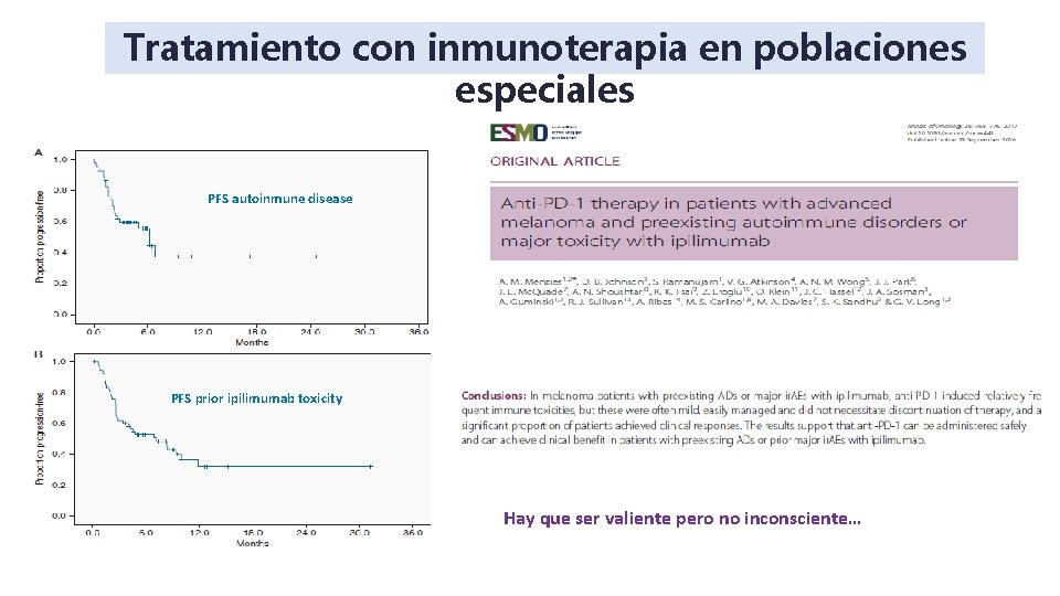 Tratamiento con inmunoterapia en poblaciones especiales PFS autoinmune disease PFS prior ipilimumab toxicity Hay